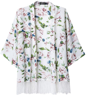 Choies White Floral Kimono Coat With Tassel