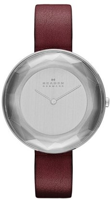 Skagen 'Gitte' Faceted Glass Bezel Metallic Leather Strap Watch, 38mm