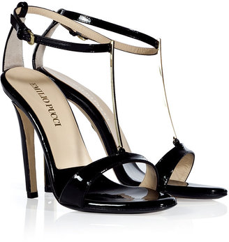 Emilio Pucci Black Patent Leather Golden T-Strap Sandals