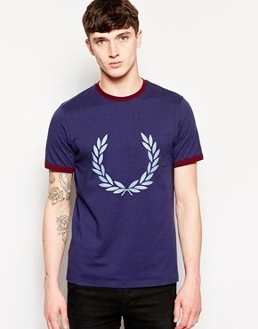Fred Perry T-Shirt with Large Laurel Print - Blue