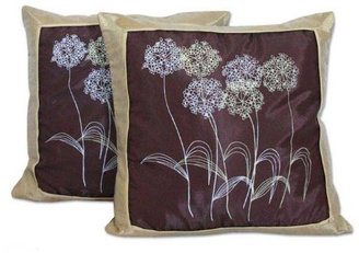 Novica Silk and cotton cushion covers, 'Quiet Dandelions' (pair)