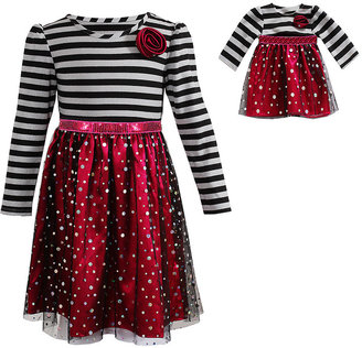 Dollie & Me Red & Black Stripe Sequin Dress & Doll Dress - Toddler & Girls