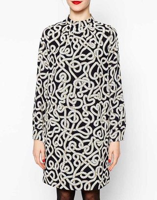 Love Moschino Long Sleeve Rope Print Shift Dress with Crew Neck