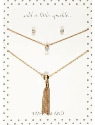 River Island Gold tone lariat and gemstone necklace pack