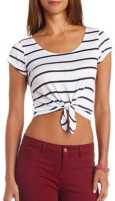 Charlotte Russe Short Sleeve Tie-Front Striped Crop Top