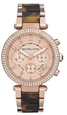 Michael Kors Parker Rose Goldtone Stainless Steel & Tortoise-Print Acetate Chronograph Bracelet Watch