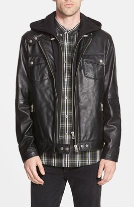 7 Diamonds 'Los Angeles' Trim Fit Leather Moto Jacket with Inset Hood (Online Only)