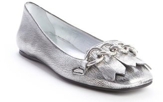 Prada silver cracked leather tassel and chain detail loafers