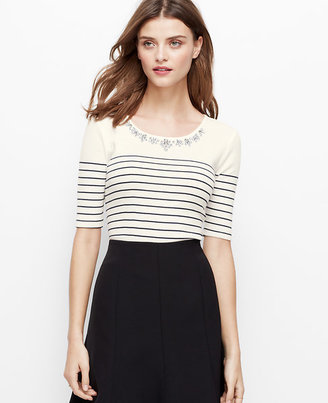 Ann Taylor P 1x1 Striped Embellished Necklace Tee
