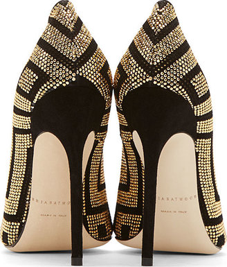 Brian Atwood Black & Gold Suede Perforated Alis Pump