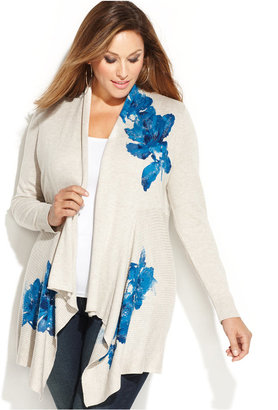 INC International Concepts Plus Size Draped Floral-Print Sequined Cardigan