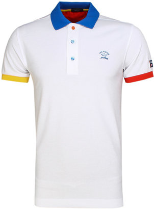 Paul & Shark White & Blue Colour Block Shark Fit Pique Polo Shirt