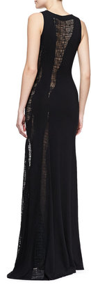 Donna Karan Sleeveless Embroidered Bateau Gown with Sheer Panel, Black
