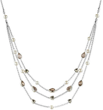 Judith Jack Sterling Silver Rose Peach Crystal and Pearl (4-1/2mm) Three-Row Necklace