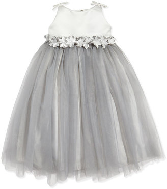 Joan Calabrese Floral-Waist Satin & Tulle Dress, Diamond White/Platinum