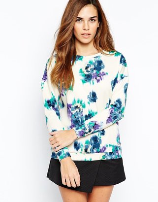 Warehouse Blurred Floral Print Long Sleeve Top