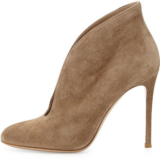 Gianvito Rossi Suede V-Neck Ankle Bootie, Tan