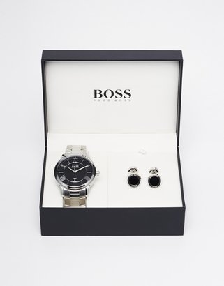 HUGO BOSS Stainless Steel Strap Watch & Cufflinks Gift Set - Black
