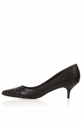 Topshop Black leather kitten heels with pin stud detailing. heel height approximately 1.5". 100% leather.