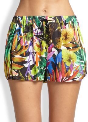 Milly Tropical-Print Gathered Shorts