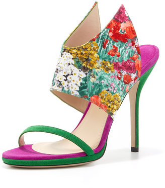 Pul ndrew Floral-Print Silk and Suede Wing Sandal