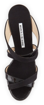 Manolo Blahnik Varchi Patent Leather and Linen Crisscross Wedge Sandal, Black