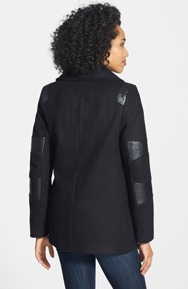 DKNY Faux Leather Trim Wool Blend Peacoat