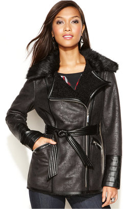 Kensie Asymmetrical Faux-Fur-Trim Faux-Leather Belted Coat