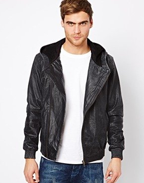 Selected Leather Jacket With Hood - Black