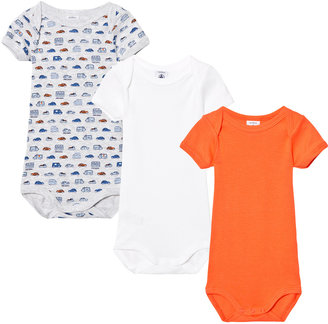 Petit Bateau Orange, White and Grey Car Print Pack of 3 Short Sleeve Baby Bodies