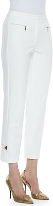 Escada Cropped Stretch Cady Zip-Pocket Pants, Off White