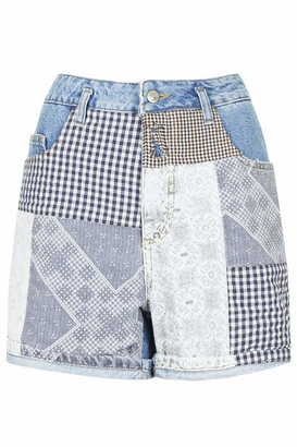 Topshop Moto vintage wash denim mom style shorts with all-over patchwork detail. 100% cotton. machine washable.
