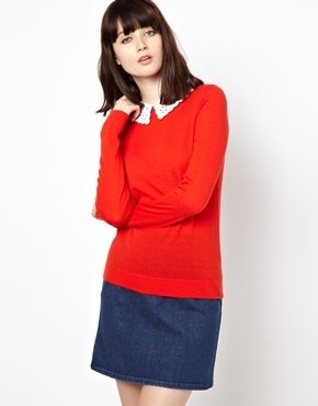 Jaeger Boutique by Knitted Jumper with Broderie Collar - Red