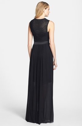 Vera Wang Embellished Yoke Ruched Jersey Gown