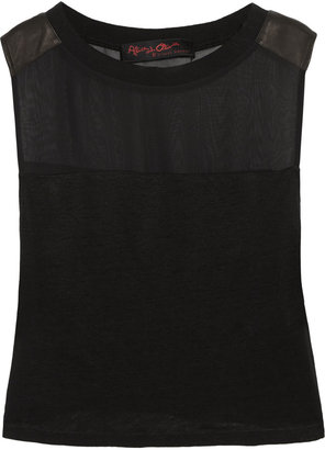 Alice + Olivia Leather-trimmed chiffon and linen tank