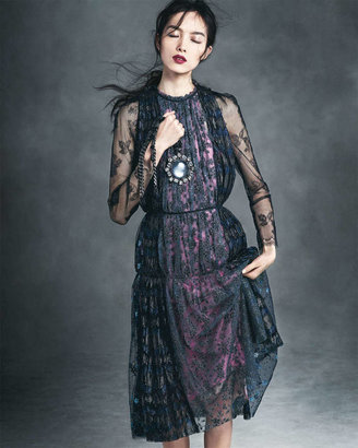 Lanvin Metallic Lace Tea-Length Dress, Anthracite/Purple