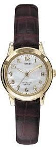 Timex T21693 Women's Dress Mother of Pearl Dial Brown Leather Strap Gold Tone Stainless Steel Watch