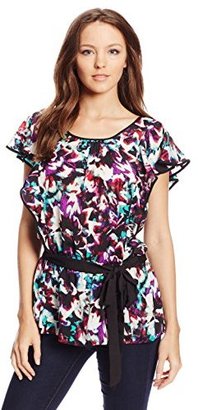 NY Collection Women's Flutter Sleeve Printed Blouse with Waist Tie