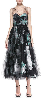 Milly Sleeveless Floral Overlay Cocktail Dress