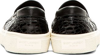 Saint Laurent Black Leather Croc-Embossed Slip On Skate Sneakers