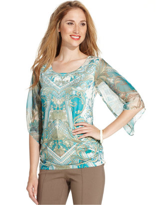 Style&Co. Plus Size Chiffon-Sleeve Printed Ruched Top