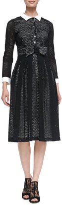 L'Wren Scott Contrast Collared & Cuffed 3/4-Sleeve Broderie Anglaise Dress