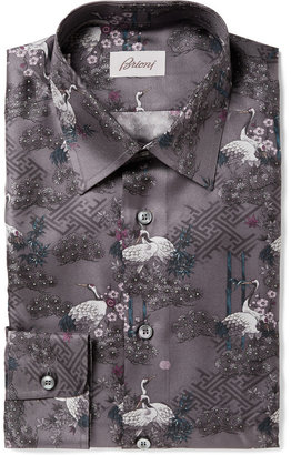Brioni Crane-Print Silk-Faille Shirt
