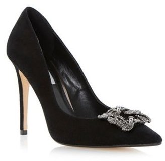 Dune Grey  jewelled square brooch pointed toe court shoe
