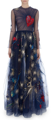 Valentino Long-Sleeve Heart-Embroidered Gown