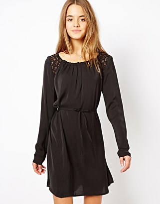 Vila Hekla Long Sleeve Dress With Lace Panel - Black