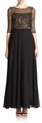 Kay Unger Lace-Top Silk Chiffon Gown