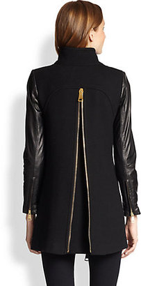 Milly Swing Leather-Sleeved Zipper Coat