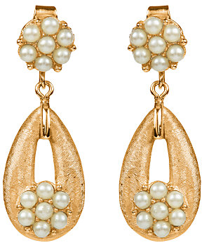 Susan Caplan Vintage 1950s Trifari Faux Pearl Cluster Open Drop Clip-On Earrings, Gold