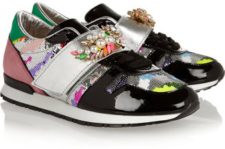 Shourouk Embellished patent-leather and suede sneakers